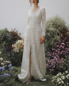 Elegant lace custom-order dress with V-neck and long sleeves - D1142 - POXI