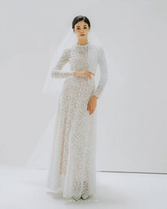 Made-to-order elegant lace wedding dress with crew neck and long sleeve - D1243 - POXI