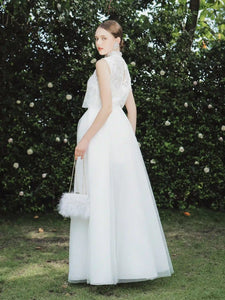 Impressive wedding dress "2 in 1" with a sleeveless crop top and long skirt - S1789 - POXI